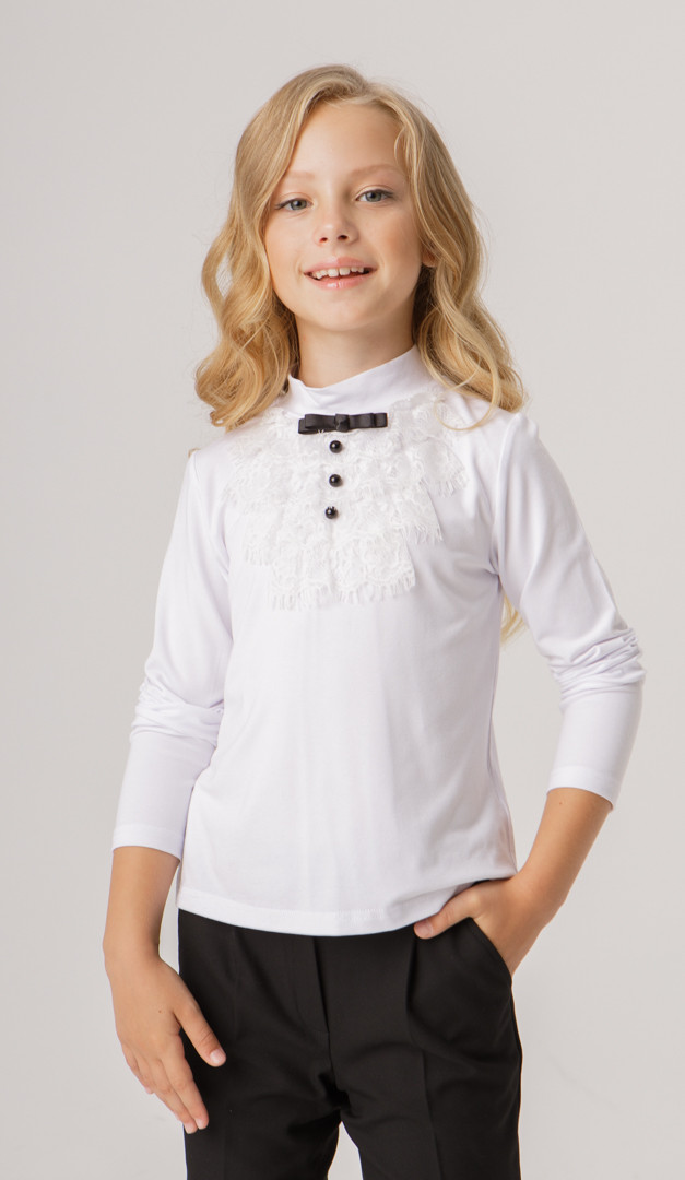 Фото belyj-golf-dla-devocki-s-zabo-03 товару Білий гольф для дівчинки з жабо0