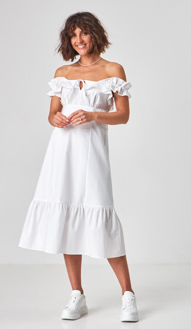 Фото belyj-sarafan-s-rusami-na-plecah-01 товару Білий сарафан з рюшами на плечах