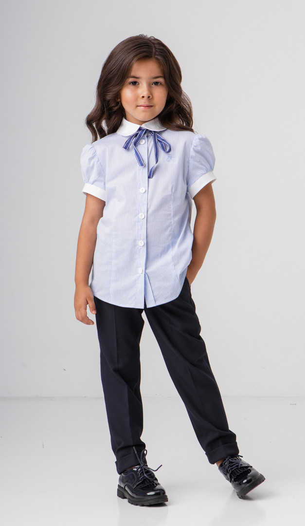 Фото bluzka-dla-devocki-golubaa-v-kletku-01 товару Блузка для дівчинки блакитна в клітинку