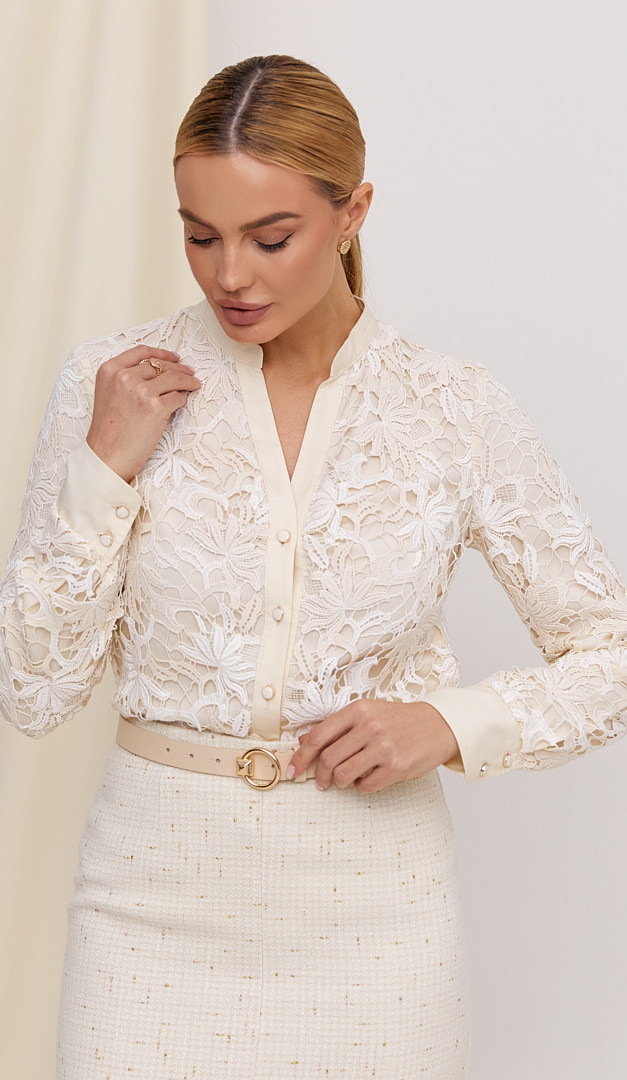 Фото bluzka-zenskaa-s-kruzevom-slivocnaa-5 товару Блузка жіноча з мереживом вершкова0