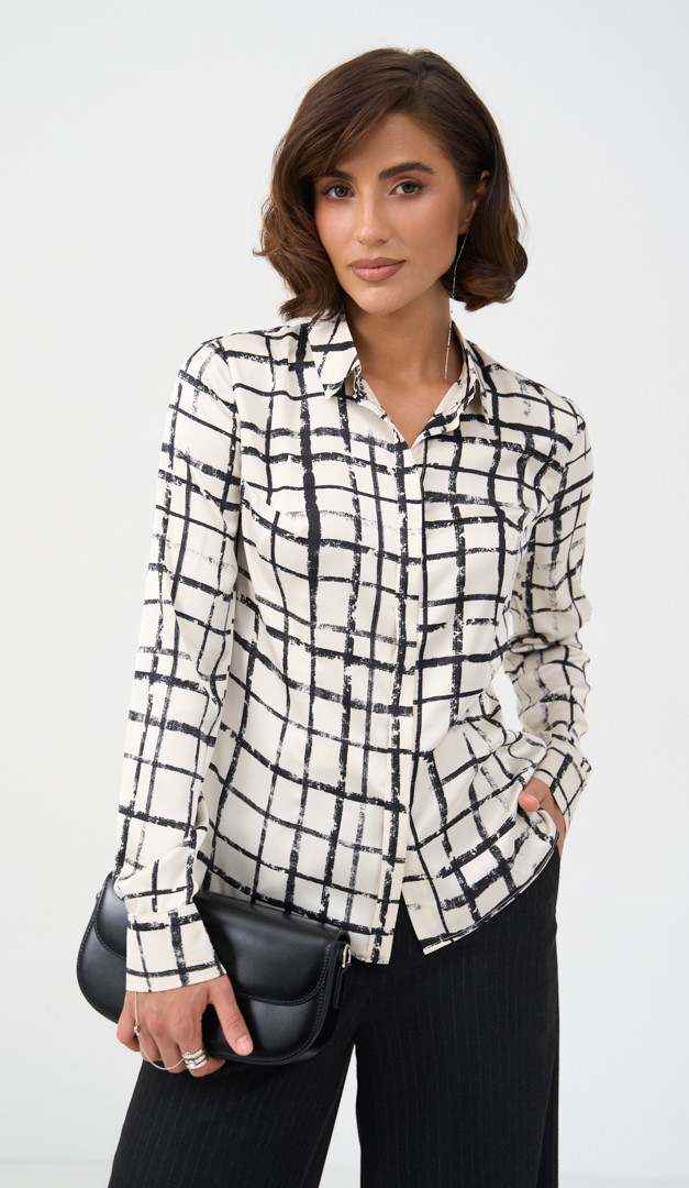 Фото bluzka-zenskaa-v-kletku-molocnaa-01 товару Блузка жіноча в клітинку молочна