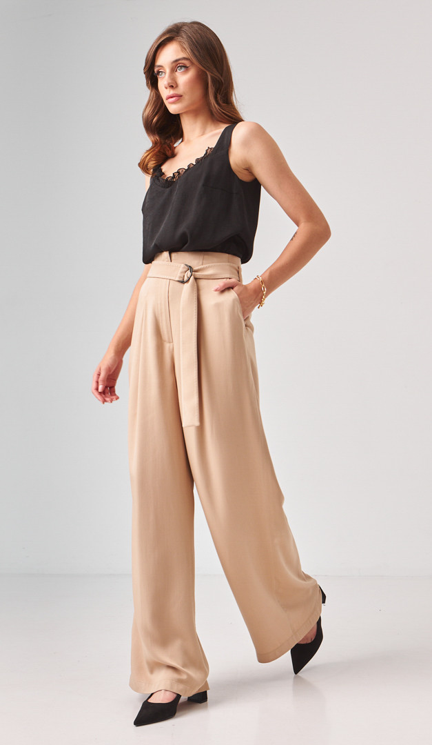 Фото bruki-palacco-pesocnye-s-poasom-03 товару Брюки палаццо пісочні з поясом