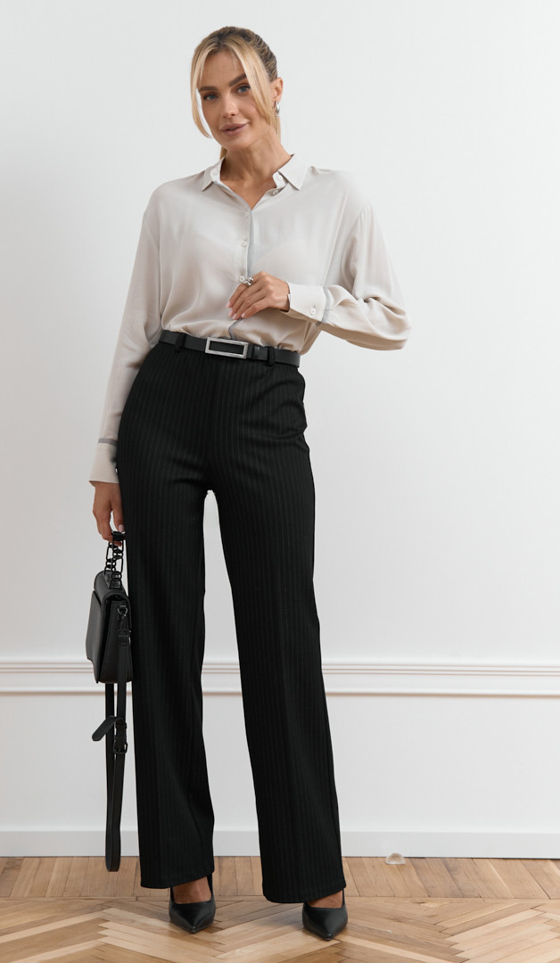 Фото bruki-pramye-v-polosku-cernye-02 товару Штани прямі в смужку чорні