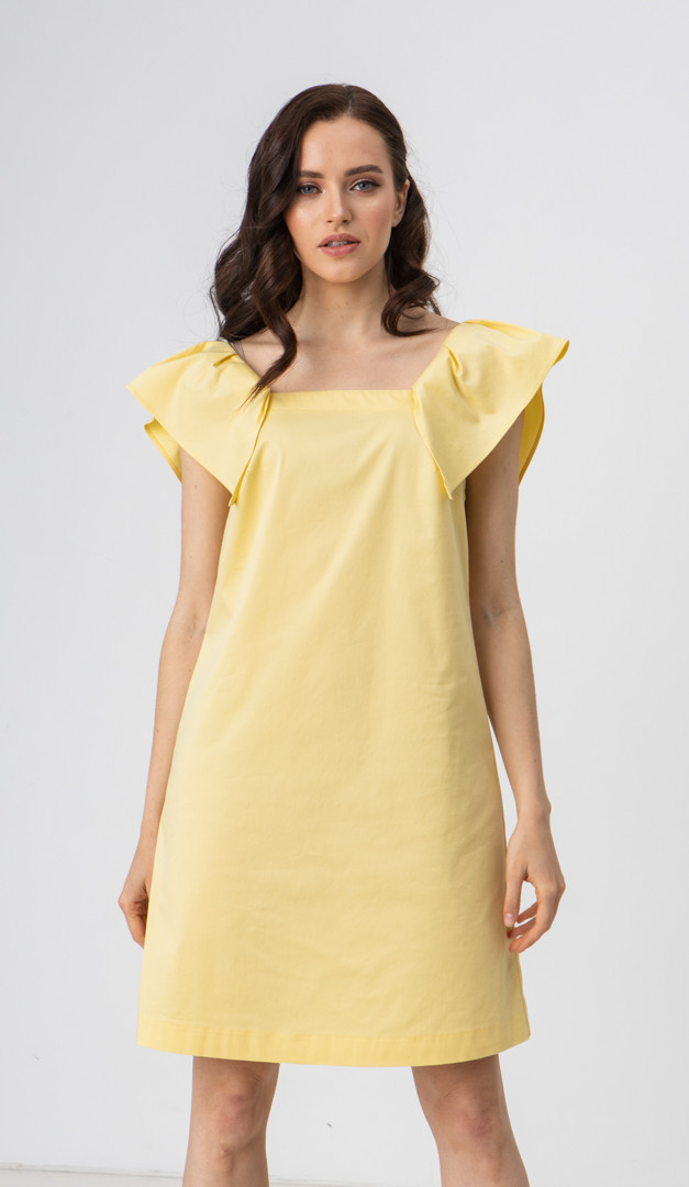 Фото letnij-sarafan-na-bretelah-s-rusami-zeltyj-02 товару Літній сарафан на бретелях з рюшами жовтий