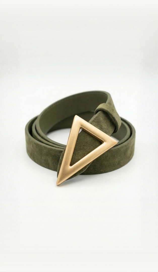Фото remen-zamsevyj-prazka-zoloto-treugolnik-20mm-olivkovyj-02 товара Ремень замшевый пряжка золото треугольник 20мм оливковый