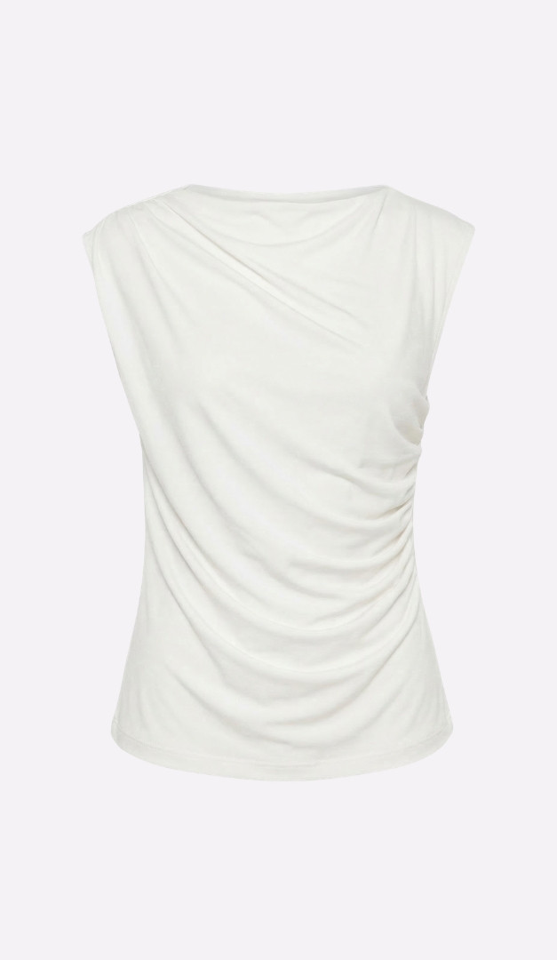 Фото top-zenskij-trikotaznyj-s-drapirovkoj-molocnyj-01 товару Топ жіночий трикотажний з драпіровкою молочний0