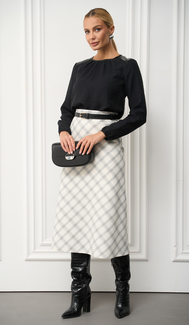 Фото ubka-trapecia-molocnaa-v-kletocku-1 товару Спідниця трапеція молочна в клітинку0