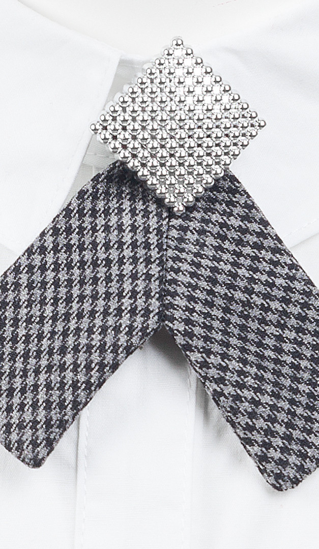 Фото ukrasenie-galstuk-dla-devocki-sero-cernaa-kletka-02 товару Прикраса краватка для дівчинки сіро-чорна клітинка0