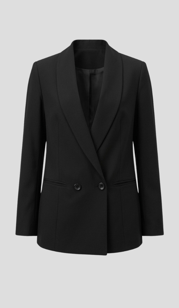 Фото zaket-zenskij-bazovyj-dvuhbortnyj-cernyj-01 товара Жакет женский базовый двухбортный черный