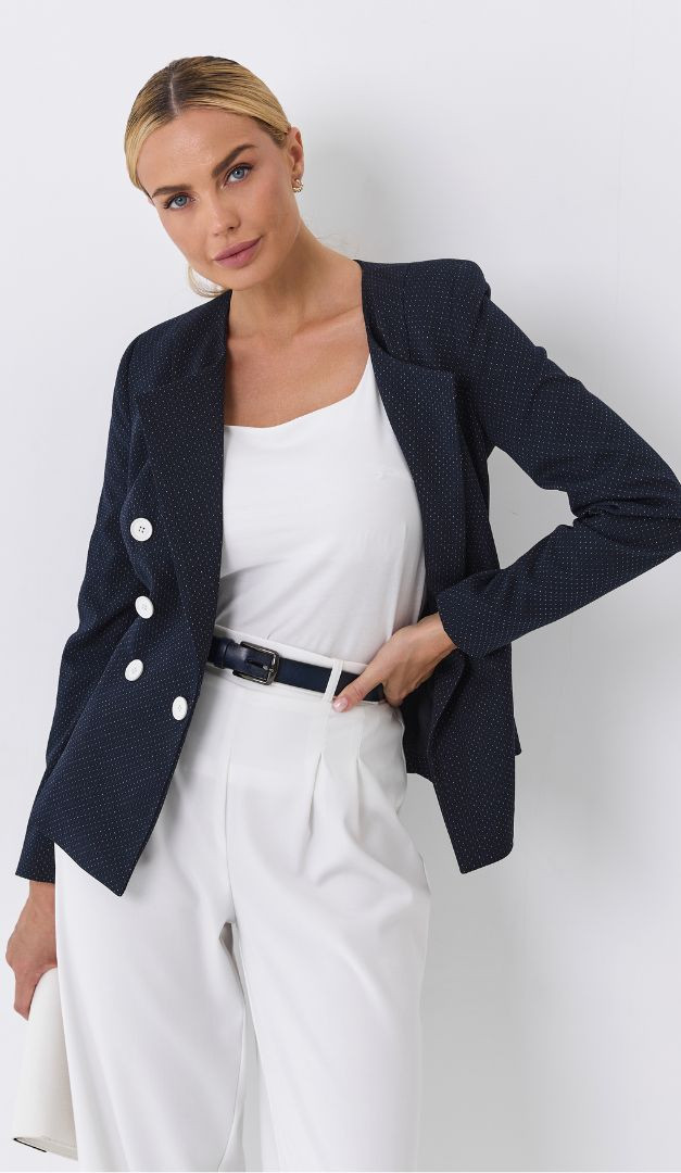 Фото zaket-zenskij-sinij-v-tocku-1 товара Жакет женский синий в точку
